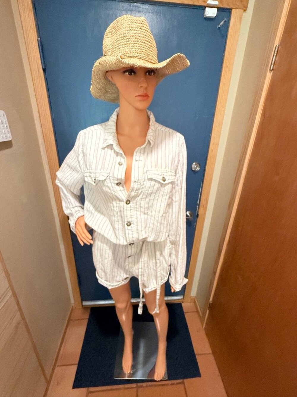 🌾 Free People Pinstripe Linen-Cotton Romper | Belted | Size Medium